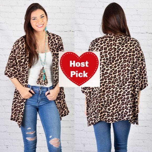 Sweaters - Leopard Print Short Duster Cardigan Vest Kimono - Brown